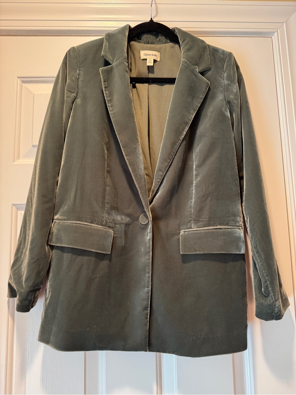 Open Edit Olive Velvet Single-Button Blazer